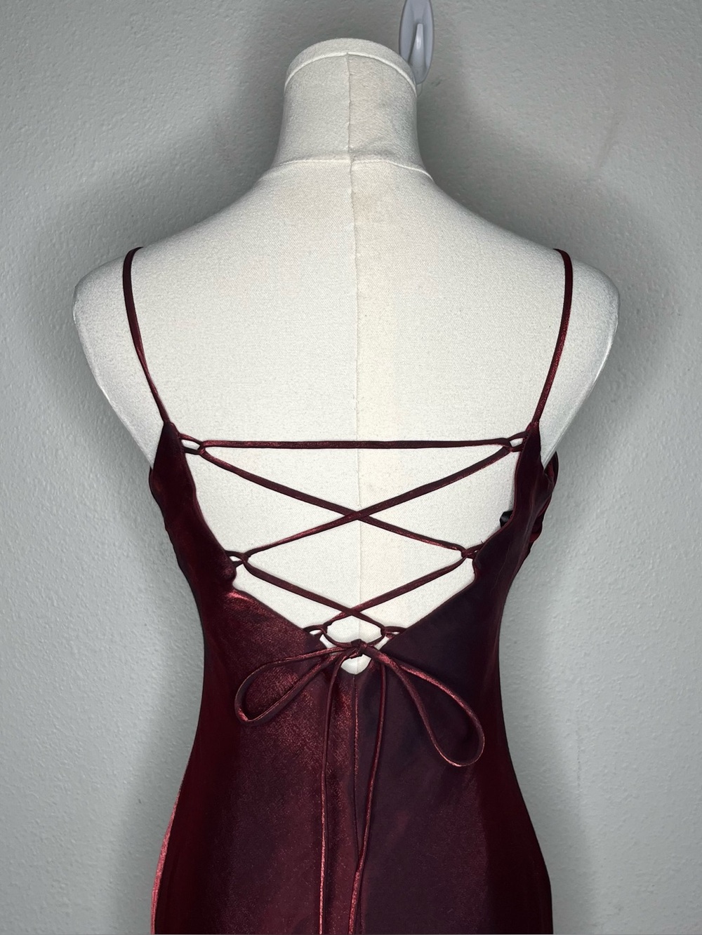 90s Vintage Blondie Nites Burgundy Cowl Neck Lace Up Back Evening Gown Dress - Picture 5 of 8